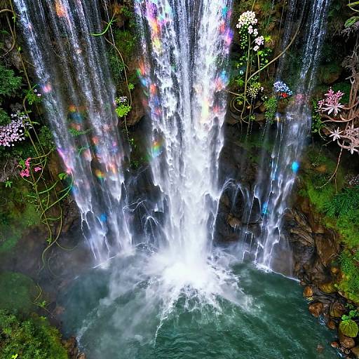 Photograph of a vibrant waterfall cascading into a turquoise pool, surrounded by colorful, glowing flowers and lush greenery against a dark rock backdrop.