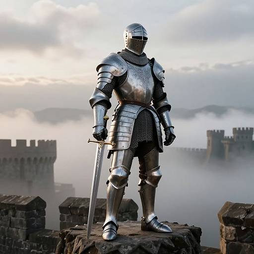 Photorealistic digital art of a medieval knight in shiny silver armor with a sword, standing on a stone ledge, misty castle background.