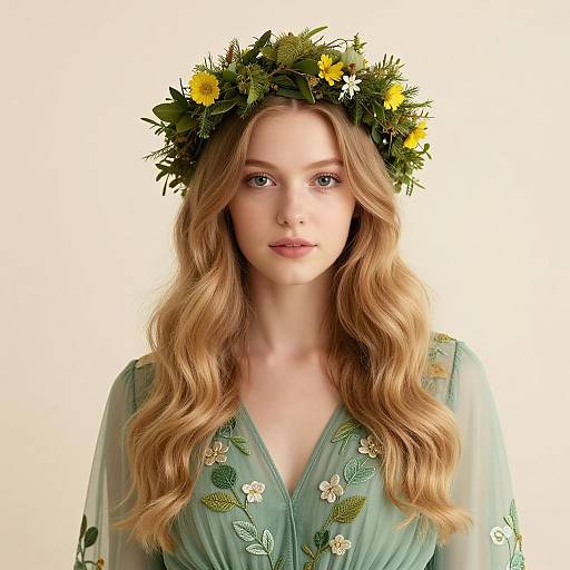 Photograph of a fair-skinned, blue-eyed woman with wavy blonde hair, wearing a green floral dress and a yellow flower crown, against a