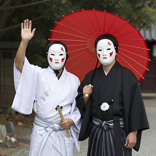 Two People in Traditional Japanese Masks and Kimonos