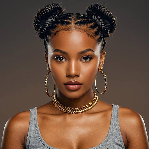 Young Black Woman with Braided Hair and Gold Jewelry