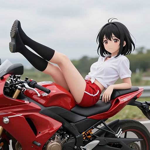 Anime-style digital drawing of a black-haired girl with red eyes, wearing a white shirt and red shorts, lounging on a red motorcycle. She has