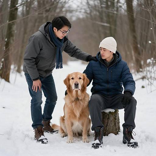 Friends in a Snowy Forest with Dog
