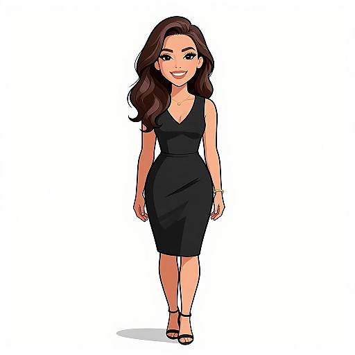 Digital illustration of a smiling woman with long brown hair, wearing a black sleeveless dress and black heels, standing against a white background.