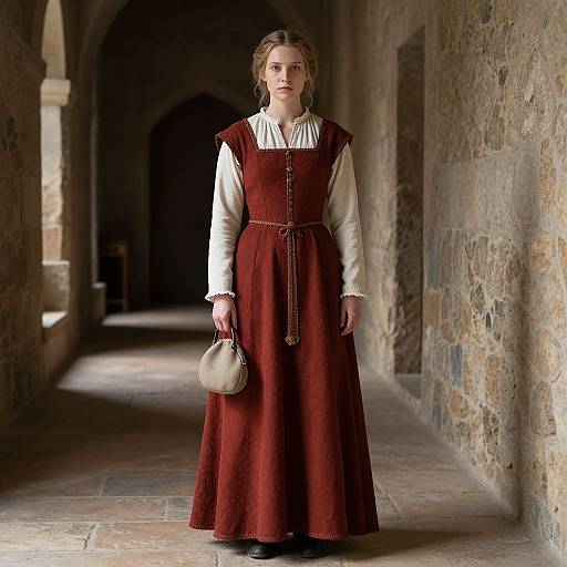 Photograph of a young woman with light brown hair in a medieval-style red velvet dress, white blouse, and holding a beige purse, standing in a