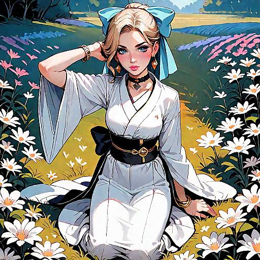 Anime Girl Kneeling in Flower Field
