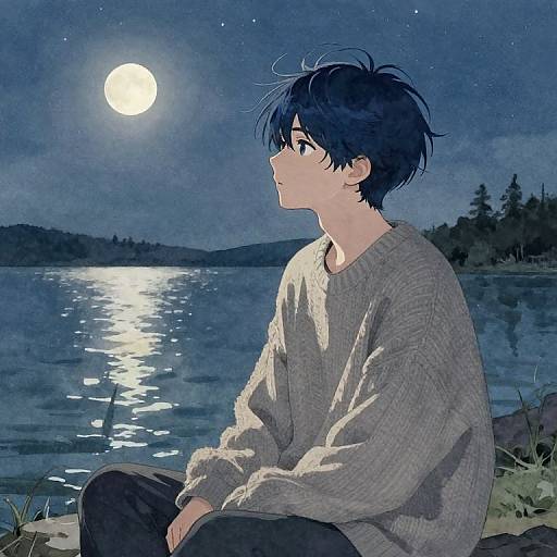 Anime-style drawing: Young man with blue hair, wearing a gray sweater, sits by a moonlit lake, gazing at the reflection.