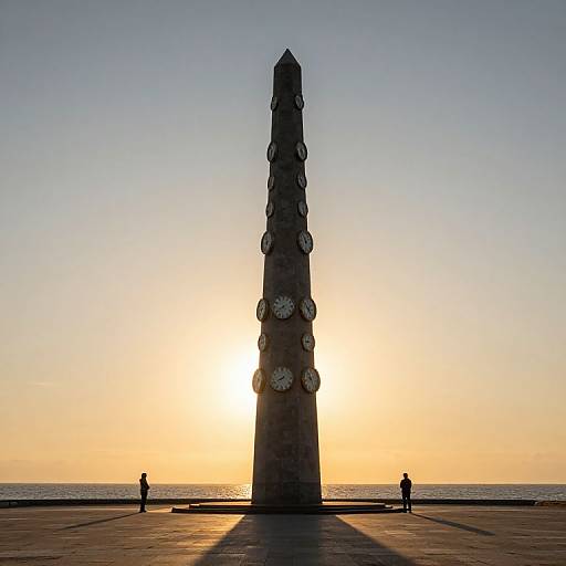 Obelisk of Cascading Clocks at Sunset