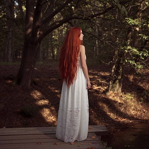 Photograph of a woman with long red hair in a white lace dress standing on a wooden deck in a dark, forested area.