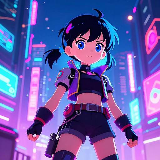 Digital anime-style artwork of a determined, blue-eyed, black-haired girl in a futuristic neon-lit city, wearing a black crop top, shorts,