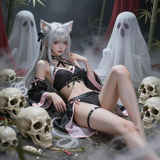 Silver-Haired Cat Girl Among Spirits