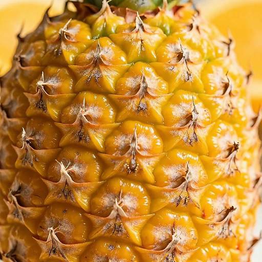 Close-up photograph of a ripe pineapple, showcasing its vibrant yellow-orange skin, shiny texture, and sharp, brown-tipped spiky scales.