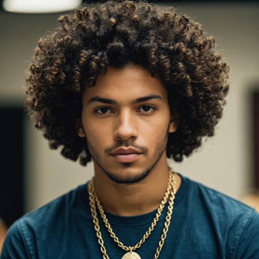 Portrait of Young Man with Curly Hair and Gold Necklaces
