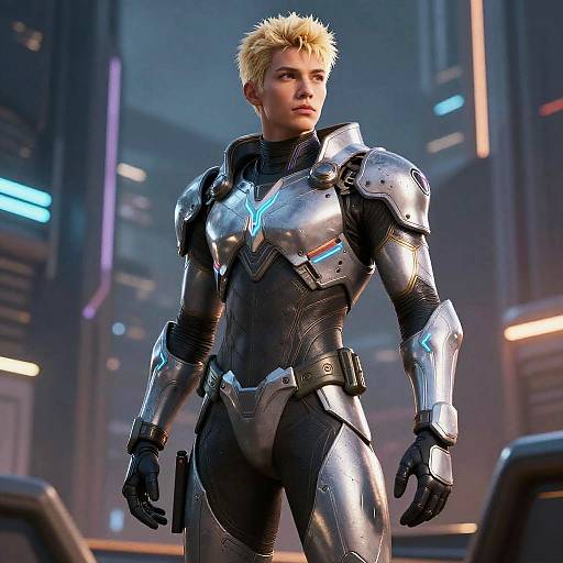 Photorealistic CGI of a blonde man in sleek, silver and black sci-fi armor with blue accents, standing confidently in a futuristic, neon-lit