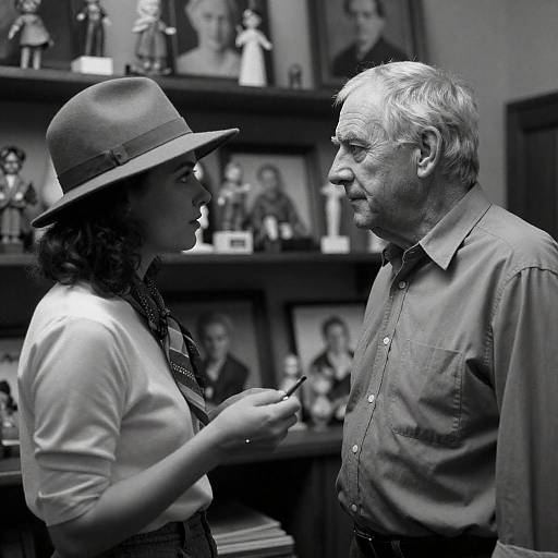 Black and White Portrait of Elderly Man and Young Woman