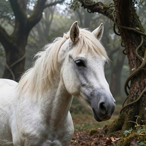 Photograph of a white horse with a light blonde mane standing in a misty forest, surrounded by twisted tree trunks and fallen leaves.
