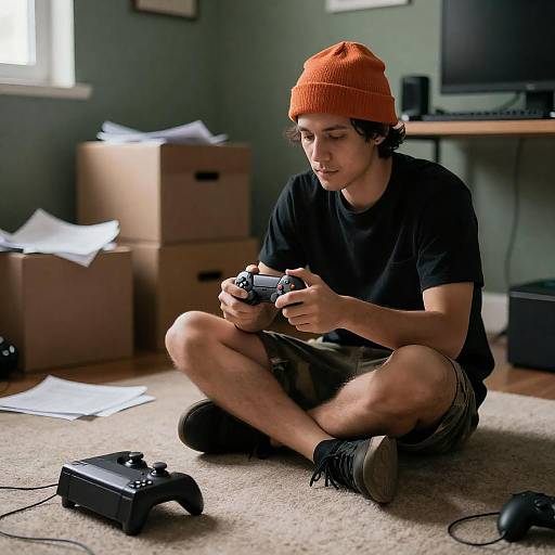 Young man playing video games in casual room