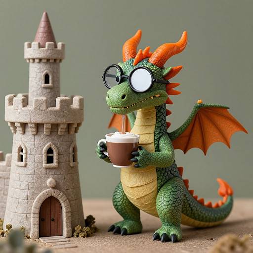 Photorealistic CGI of a cute, green dragon with orange horns and wings, wearing glasses, holding a coffee cup, standing next to a stone castle