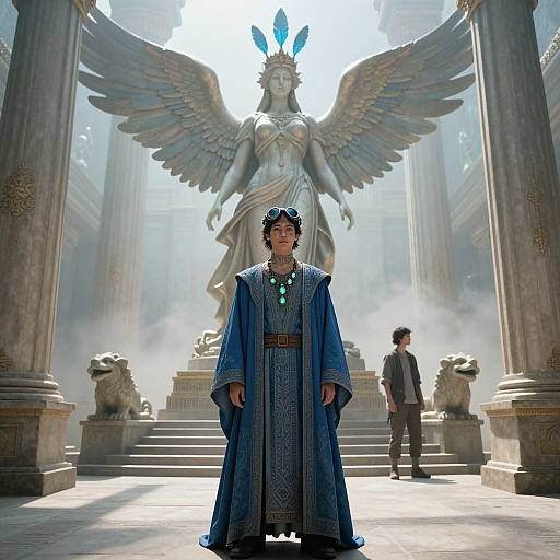 CGI image of a man in a blue robe, standing before a giant winged statue with blue feathers, in a grand, ancient temple with columns