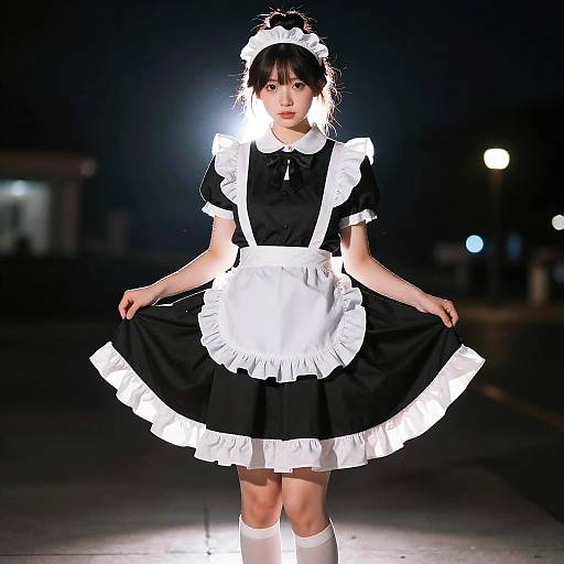 Young Woman in French Maid Costume at Night