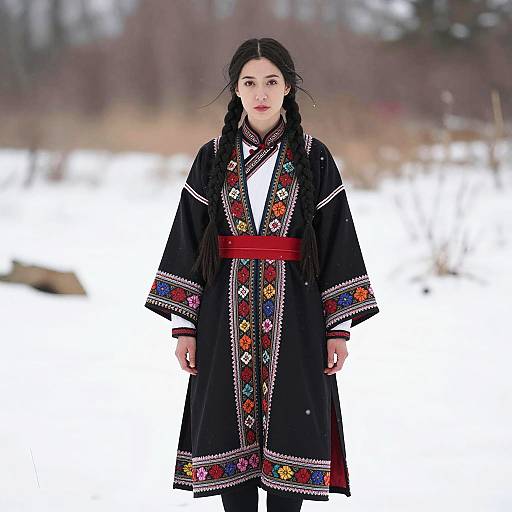 Woman in Embroidered Traditional Costume in Snow