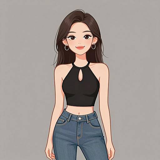 Smiling Woman in Black Halter Top and Denim Jeans