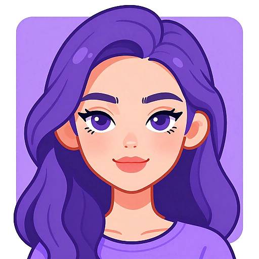 Digital anime-style portrait of a young woman with long, wavy purple hair, large purple eyes, and a subtle smile, wearing a purple shirt against
