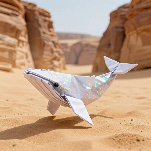 Photograph of a shiny, silver origami whale floating in a sunlit, sandy desert canyon with towering red rock formations in the background.