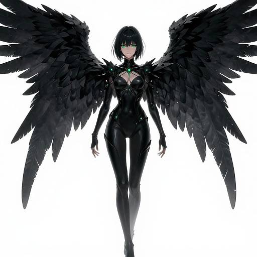 Digital artwork of a black-winged, black-clad female angel with green eyes, short black hair, and a glowing green pendant, standing against a