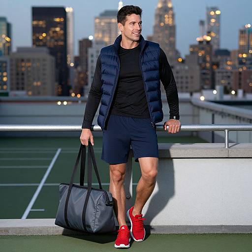 Photograph of a fit, dark-haired man in a black puffer vest, black shorts, and red sneakers, carrying a gray gym bag, walking