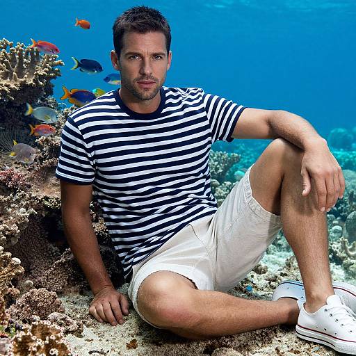 Photograph of a handsome man with short brown hair, wearing a black-and-white striped shirt, white shorts, and white sneakers, sitting on a coral