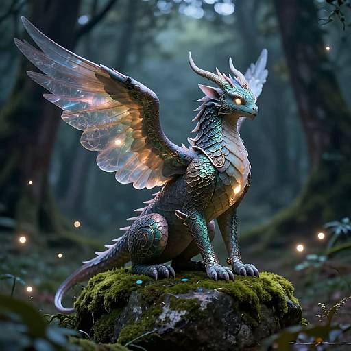 Digital fantasy artwork of a glowing, dragon-like creature with iridescent scales, translucent wings, and bioluminescent spots, sitting on a moss