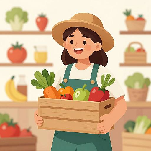 Cartoon-style illustration of a smiling woman in green overalls and a straw hat, holding a wooden basket of colorful vegetables in a brightly lit grocery store
