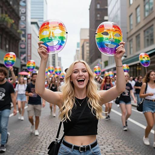 Photograph of a joyful blonde woman with wavy hair, wearing a black crop top and blue jeans, holding two rainbow-colored inflatable masks, celebrating in