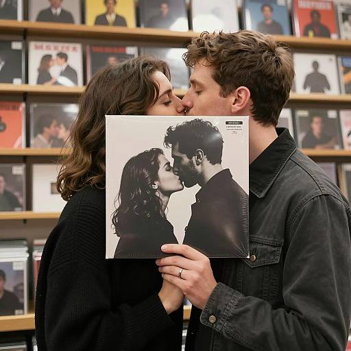 Couple Kissing in Record Store with Album Cover