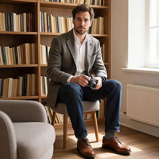 Man in Plaid Blazer at Cozy Nook