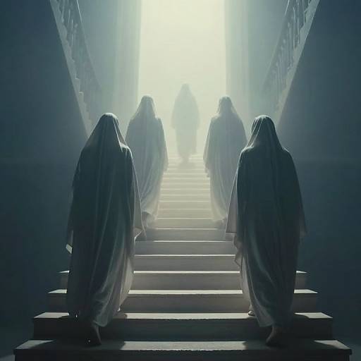 Photograph of five ghostly figures in white robes, ascending illuminated stone stairs in a dimly lit, foggy hallway.