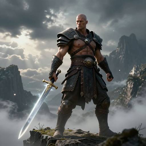 Bald Warrior on Misty Mountain Cliff