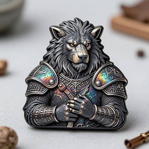 Digital illustration of a fierce anthropomorphic wolf in detailed, ornate medieval armor with colorful, glowing shoulder plates, clasping hands.