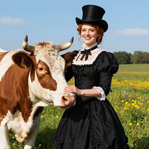 Victorian Woman with Cow in Meadow