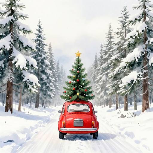 Photograph of a bright red vintage car with a decorated Christmas tree in the snow-covered forest, surrounded by snow-laden pine trees.