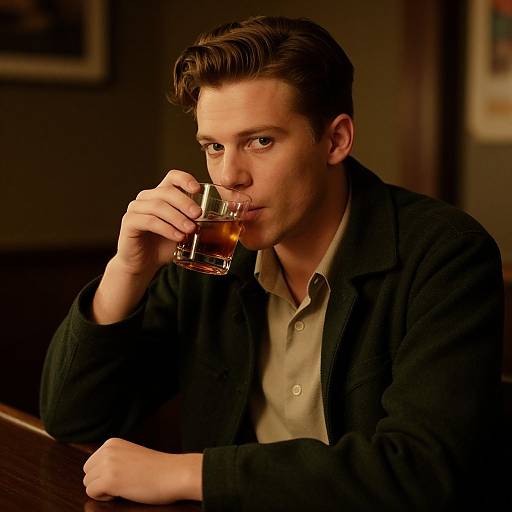 Photograph of a handsome, young white man with short brown hair, wearing a dark green jacket and beige shirt, sipping whiskey at a dimly