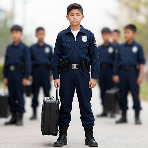 Photograph of a young Asian boy in a navy blue police uniform standing front and center, holding a black briefcase, with blurred background of similarly dressed