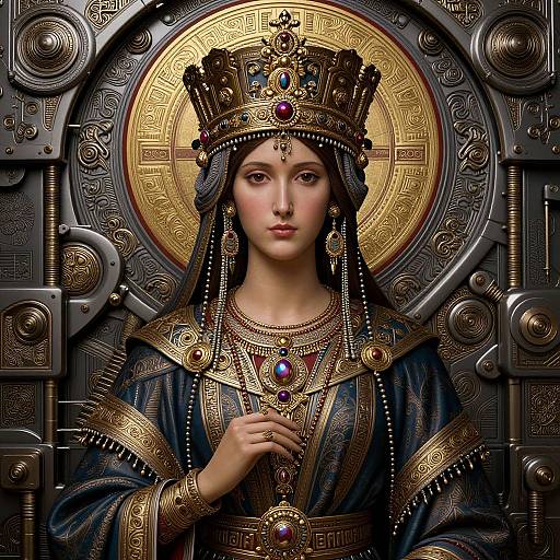 Digital artwork of a regal woman with fair skin, wearing an ornate golden crown and jeweled robe, set against a detailed, metallic background.