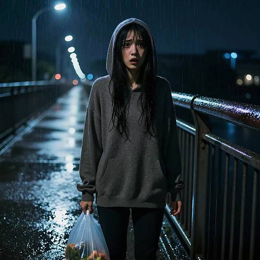 Photograph of a wet-haired, somber young woman in a gray hoodie holding a plastic bag, standing on a rain-soaked bridge at night.