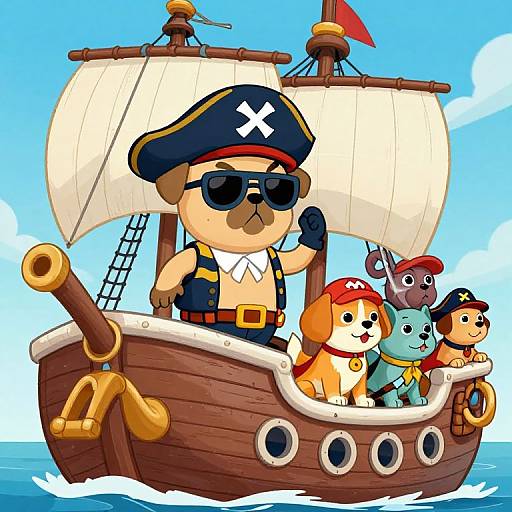 Cartoon pirate ship with a mustachioed pirate, sunglasses, dog, beagle, blue cat, and gray dog under bright blue sky.