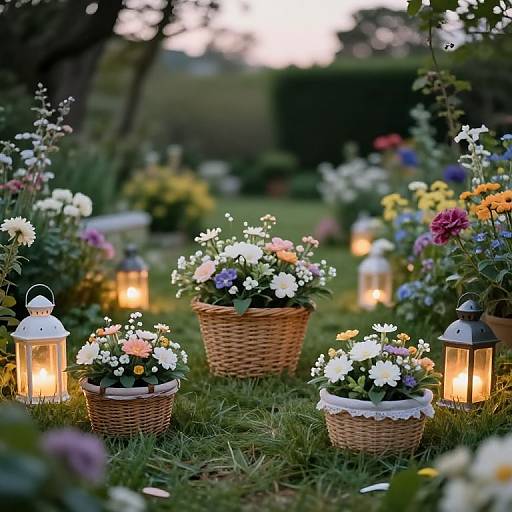 Photograph of a romantic garden setting with wicker baskets of colorful flowers, lit lanterns, and soft evening light.