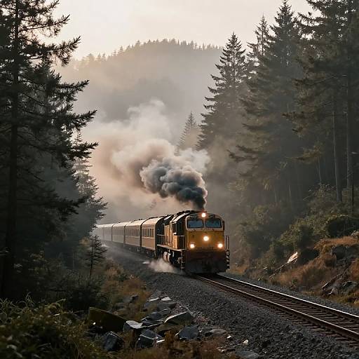 Photograph of a vintage steam train emitting black smoke, traveling through a dense, misty evergreen forest at dawn.