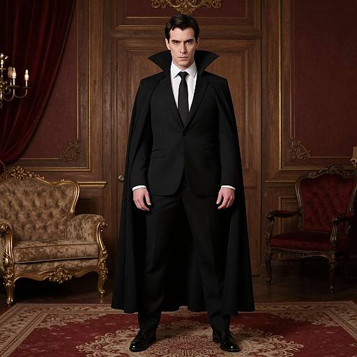 Photograph of a serious man in a black Victorian-style suit with a long cape, white shirt, and black tie, standing in an ornate,