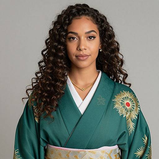 Elegant Woman in Gold-Embroidered Kimono